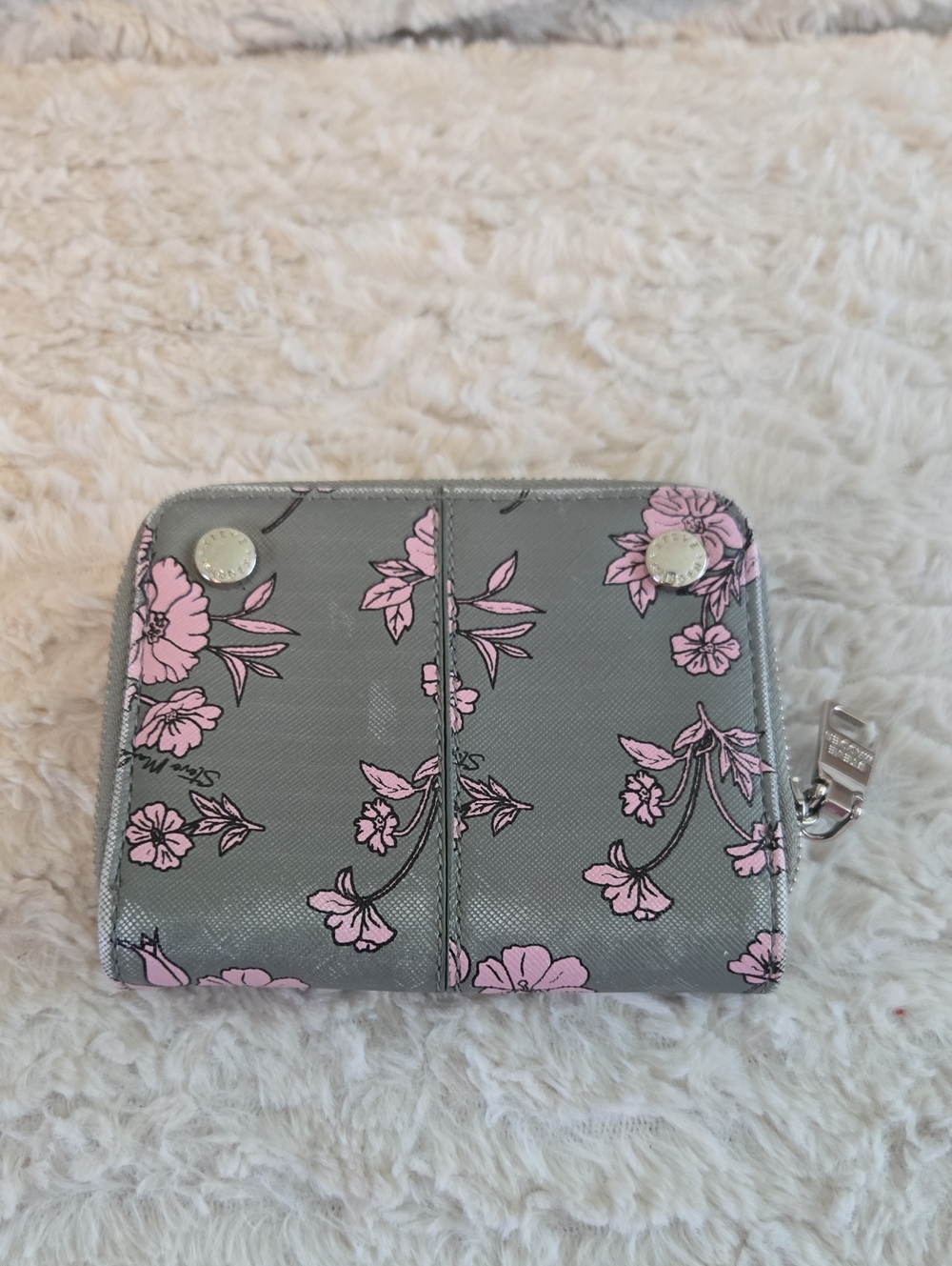 Gray Floral Zip Wallet with Pink Flowers